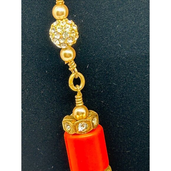 J Crew Necklace Orange Beads & Faux Pearl Rhinestone Brass Chain Preppy - Picture 8 of 8